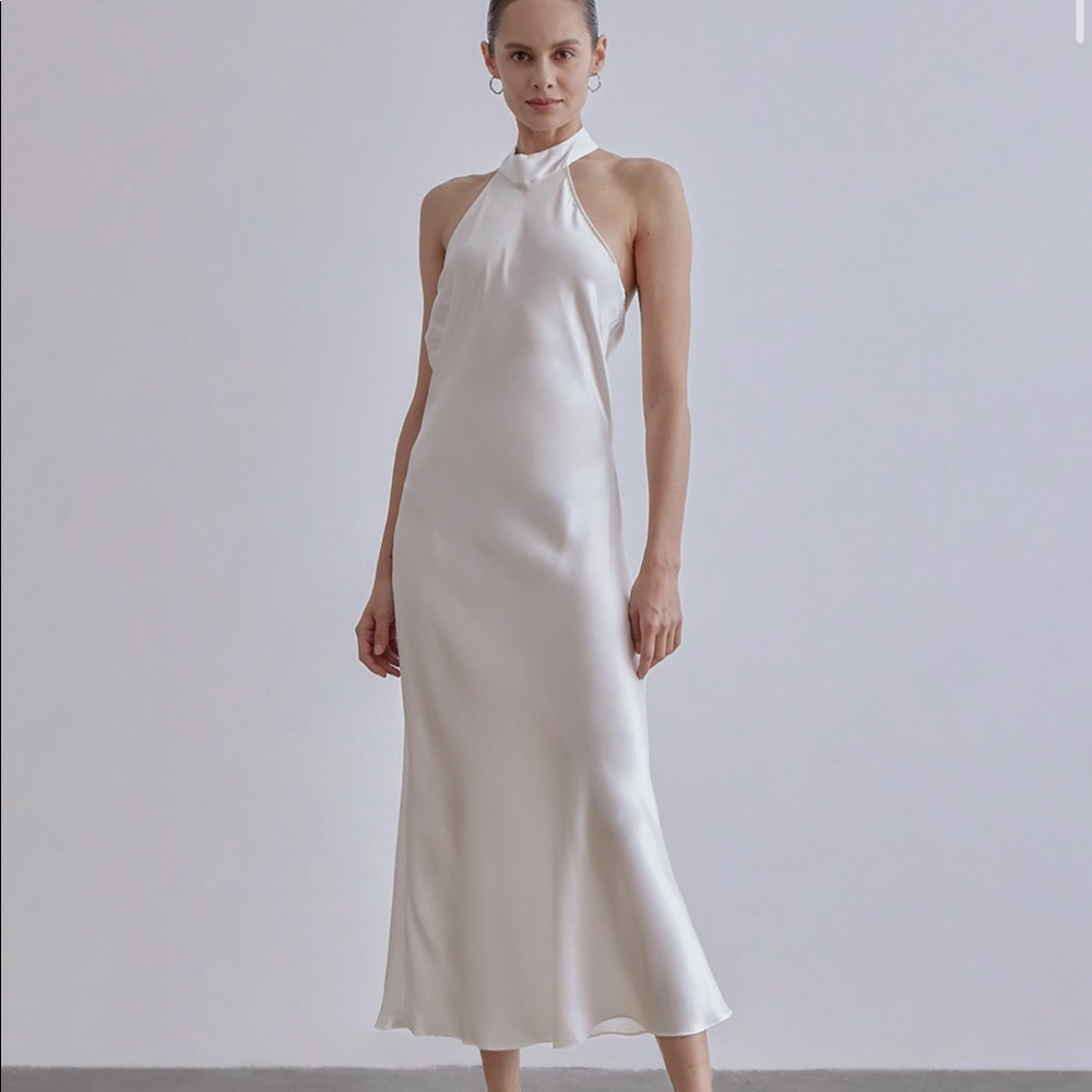 French Bow Halterneck Silk Maxi Dress
